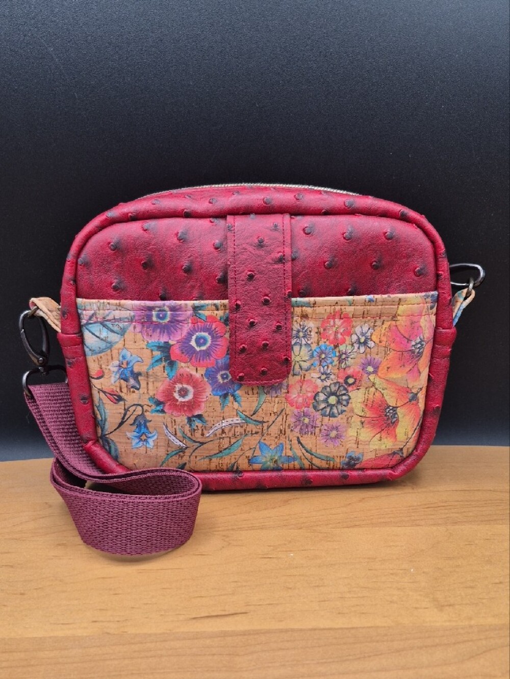 Elba Creations Floral Cork Crossbody Bag Burgundy Ostrich Vegan Leather